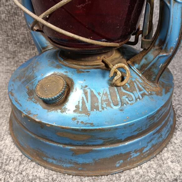Vintage Dietz No. 100 Blue Kerosene Oil Lantern Red Globe CITY OF L.A. NY USA - Picture 6 of 11